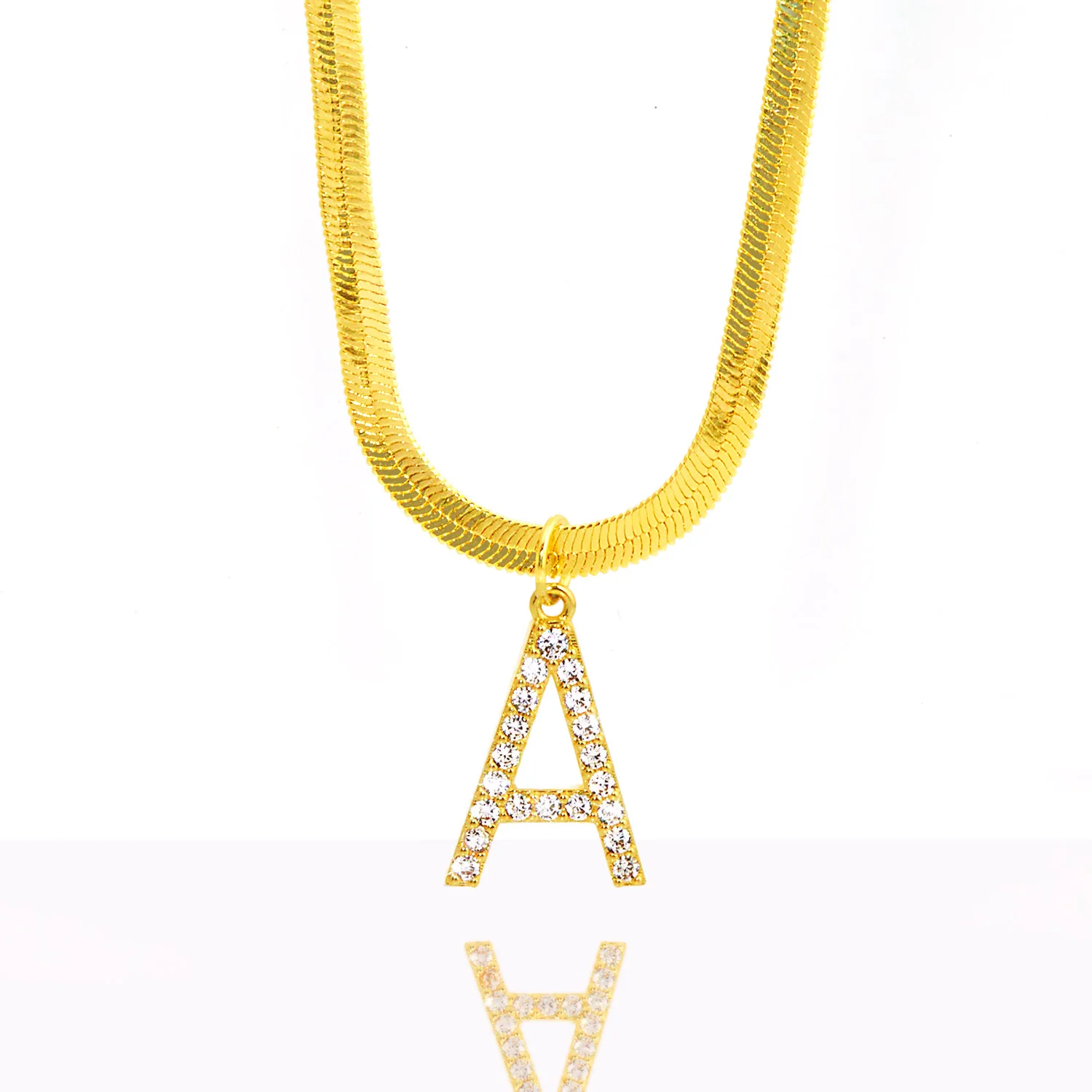 Herringbone Chain CZ Initial Charm Necklace - Image 2