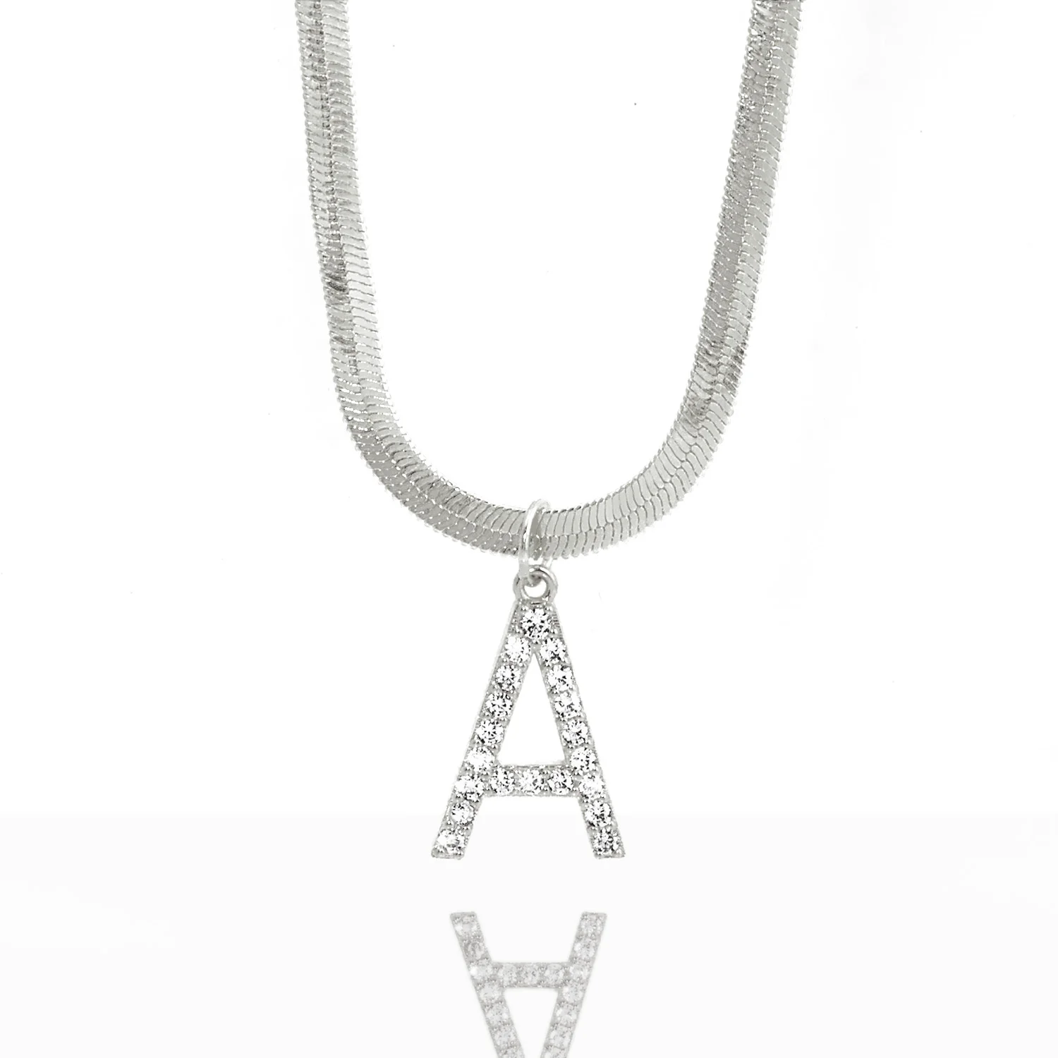 Herringbone Chain CZ Initial Charm Necklace - Image 4