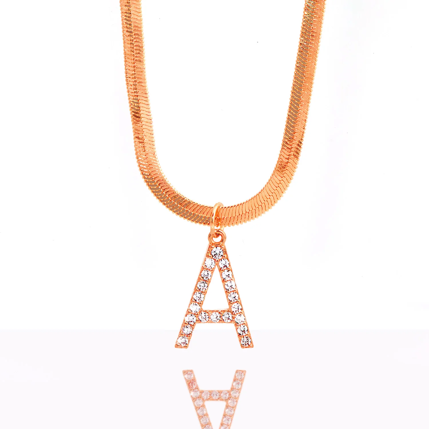 Herringbone Chain CZ Initial Charm Necklace - Image 5