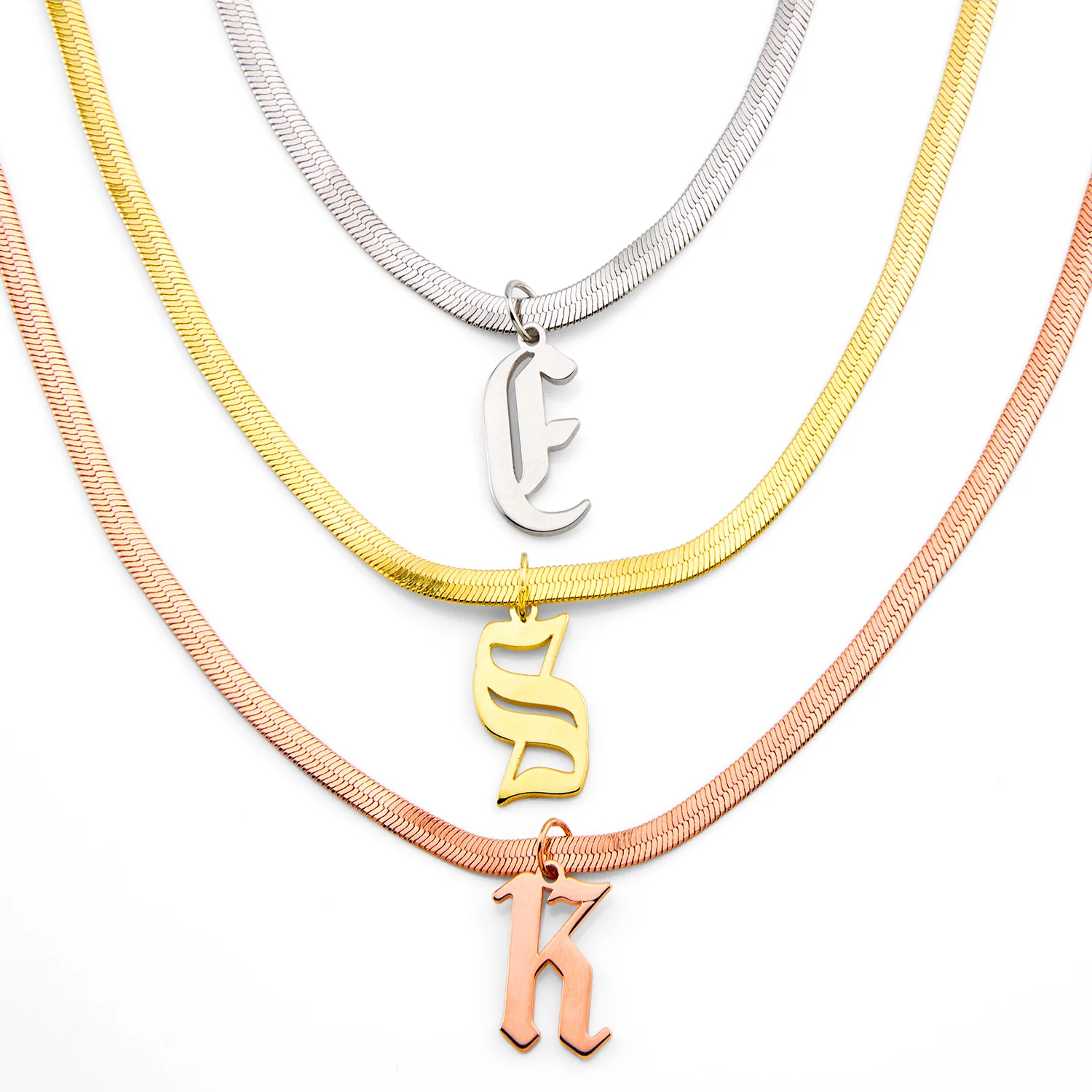 Herringbone Chain Old English Initial Charm Necklace