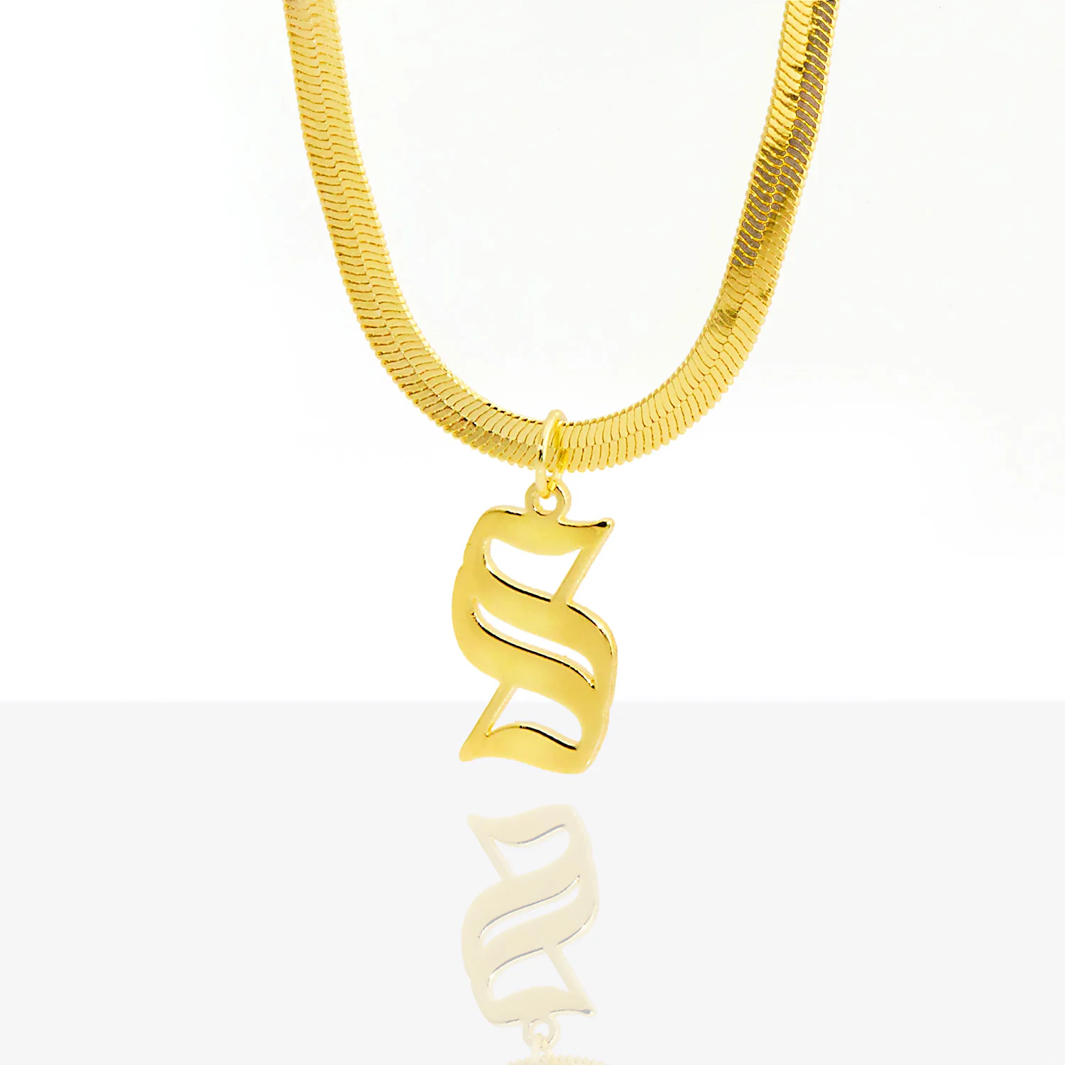 Herringbone Chain Old English Initial Charm Necklace - Image 2