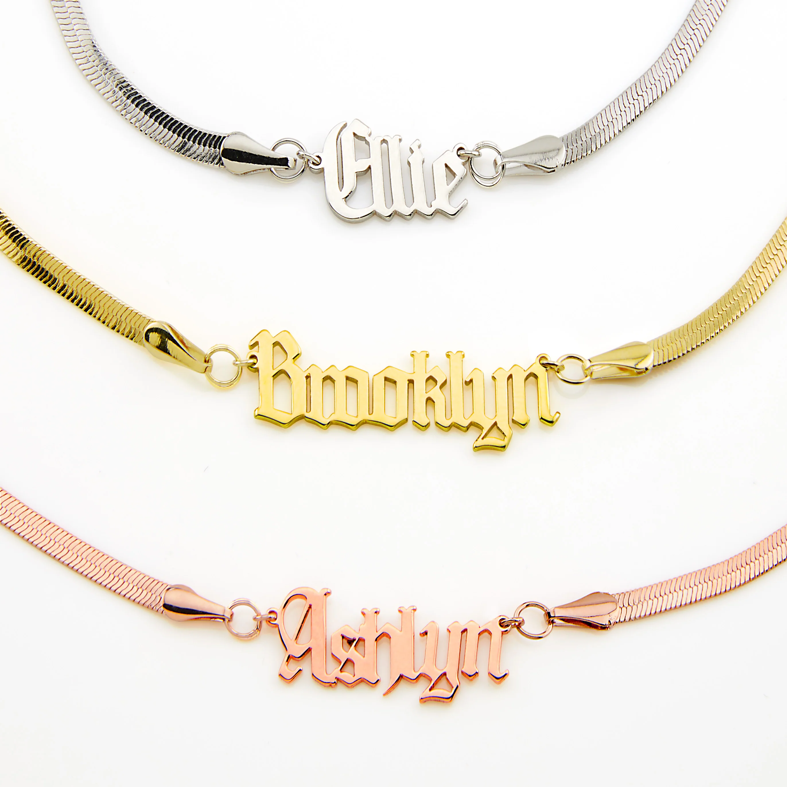 Herringbone Chain Old English Name Necklace