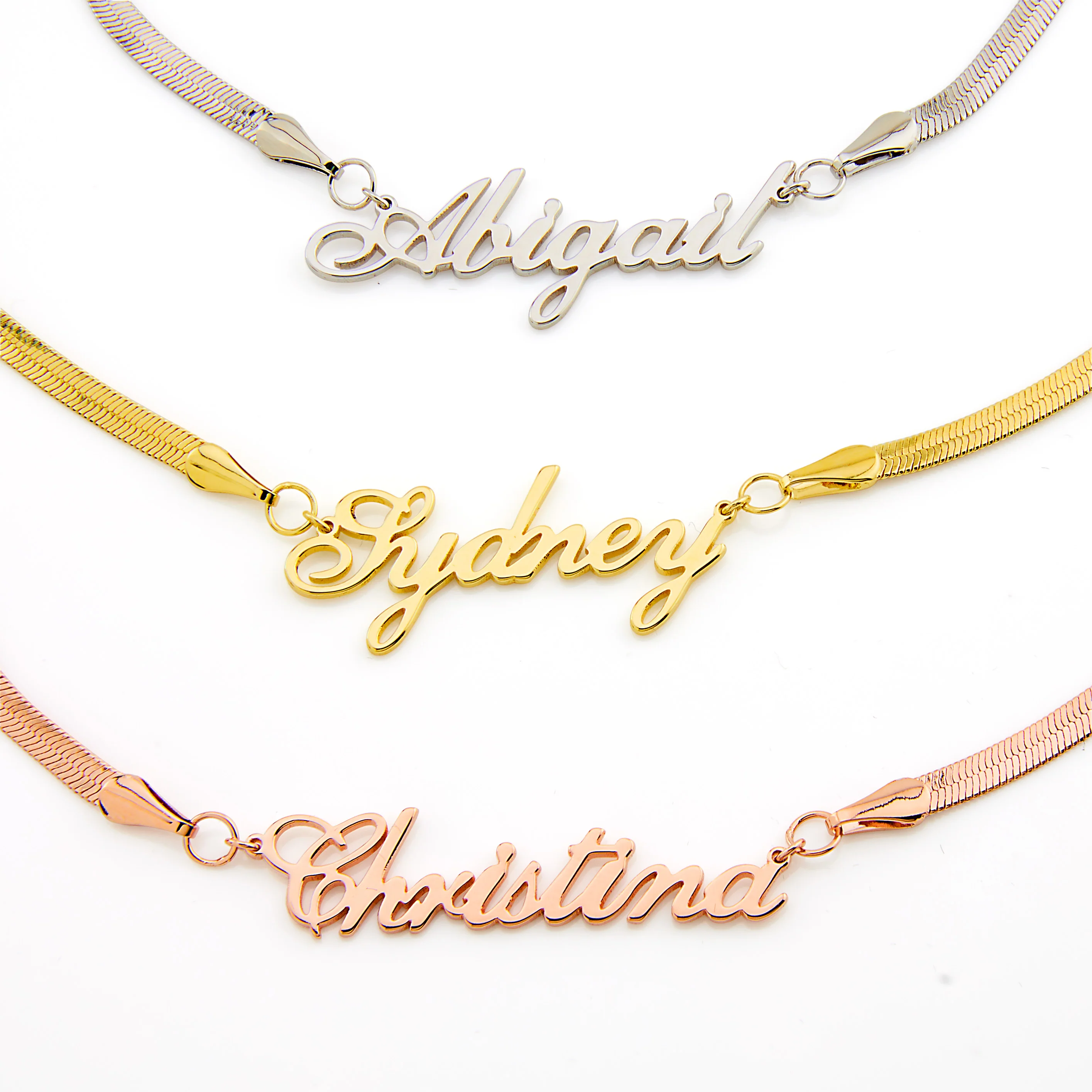 Herringbone Chain Script Name Necklace