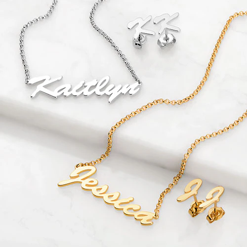 Hollywood Script Name Necklace and Initial Earring Set