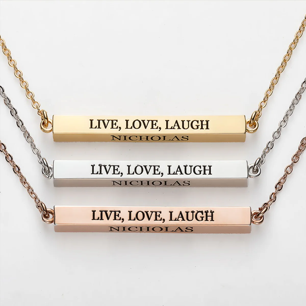 Horizontal 4-sided Bar 'Live, Love, Laugh' Engraved Necklace