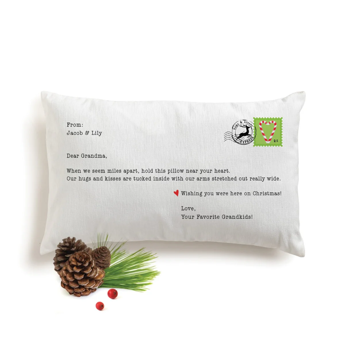 Hugs from Us Holiday Postcard Lumbar Throw Pillow - Image 2