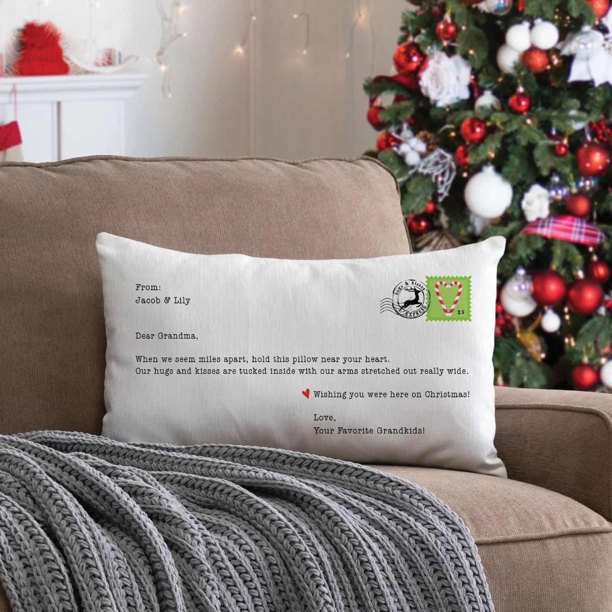 Hugs from Us Holiday Postcard Lumbar Throw Pillow - Image 5