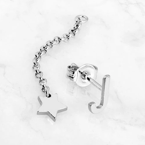 Initial Earring with Star Dangle Button Drop Earrings - Image 2