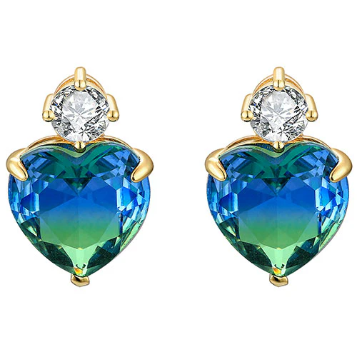 Iridescent Heart Stone with CZ Accent Button Earrings - Image 5