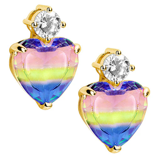 Iridescent Heart Stone with CZ Accent Button Earrings - Image 6