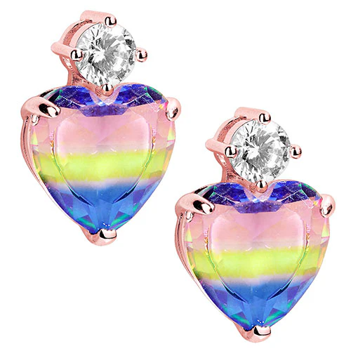 Iridescent Heart Stone with CZ Accent Button Earrings - Image 9