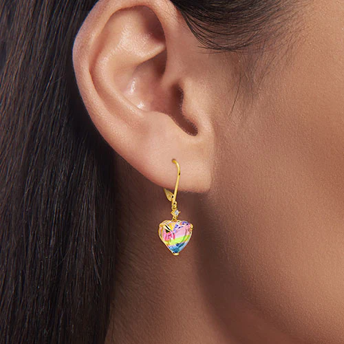 Iridescent Heart Stone with CZ Accent Drop Earrings - Image 7