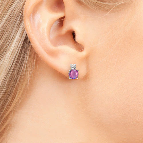 Iridescent Round Iridescent Stone with CZ Accent Button Earrings - Image 4