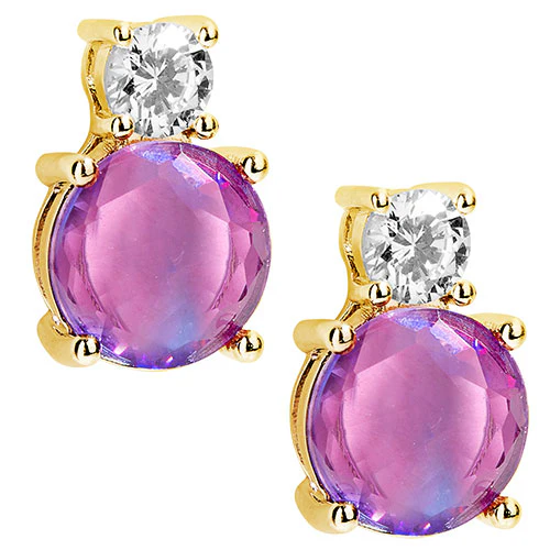 Iridescent Round Iridescent Stone with CZ Accent Button Earrings - Image 6
