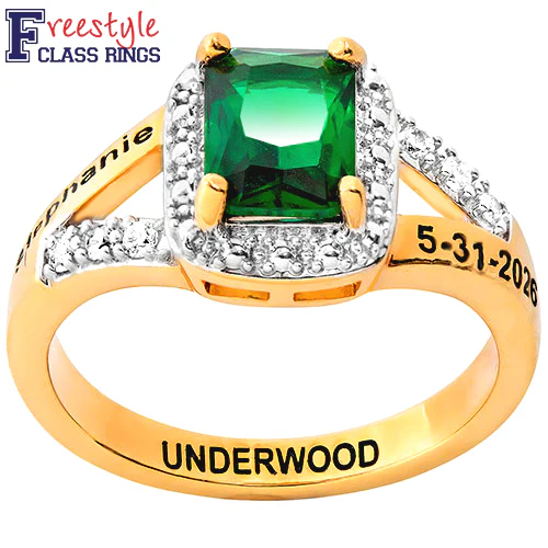 Ladies' 14K Gold over Sterling Emerald Cut Birthstone with CZ Freestyle Class Ring