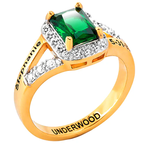 Ladies' 14K Gold over Sterling Emerald Cut Birthstone with CZ Freestyle Class Ring - Image 2
