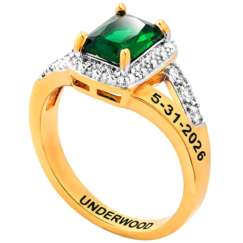 Ladies' 14K Gold over Sterling Emerald Cut Birthstone with CZ Freestyle Class Ring - Image 3