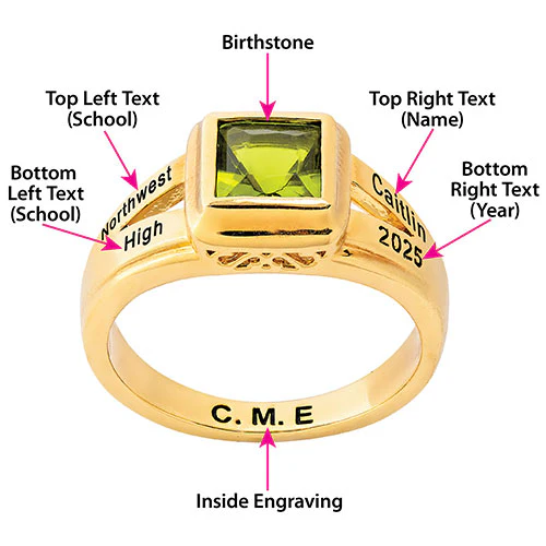 Ladies' 14K Gold over Sterling Princess Cut Birthstone Freestyle Class Ring - Image 5