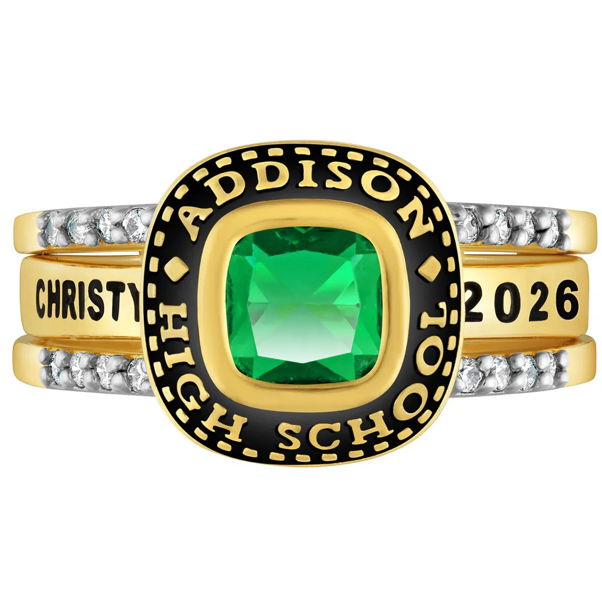 Ladies' 14k Gold Plated Freestyle Class Ring with Jacket and CZ Accents - Image 3