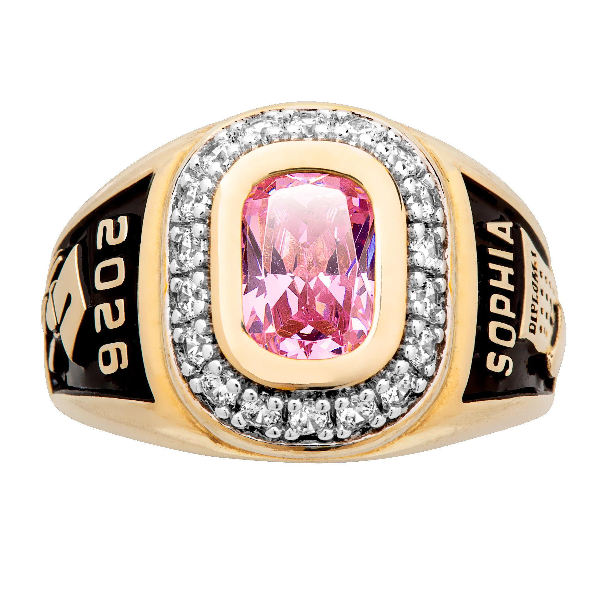 Ladies' 14K Gold Plated CZ Encrusted Traditional Personalized Class Ring - Image 2