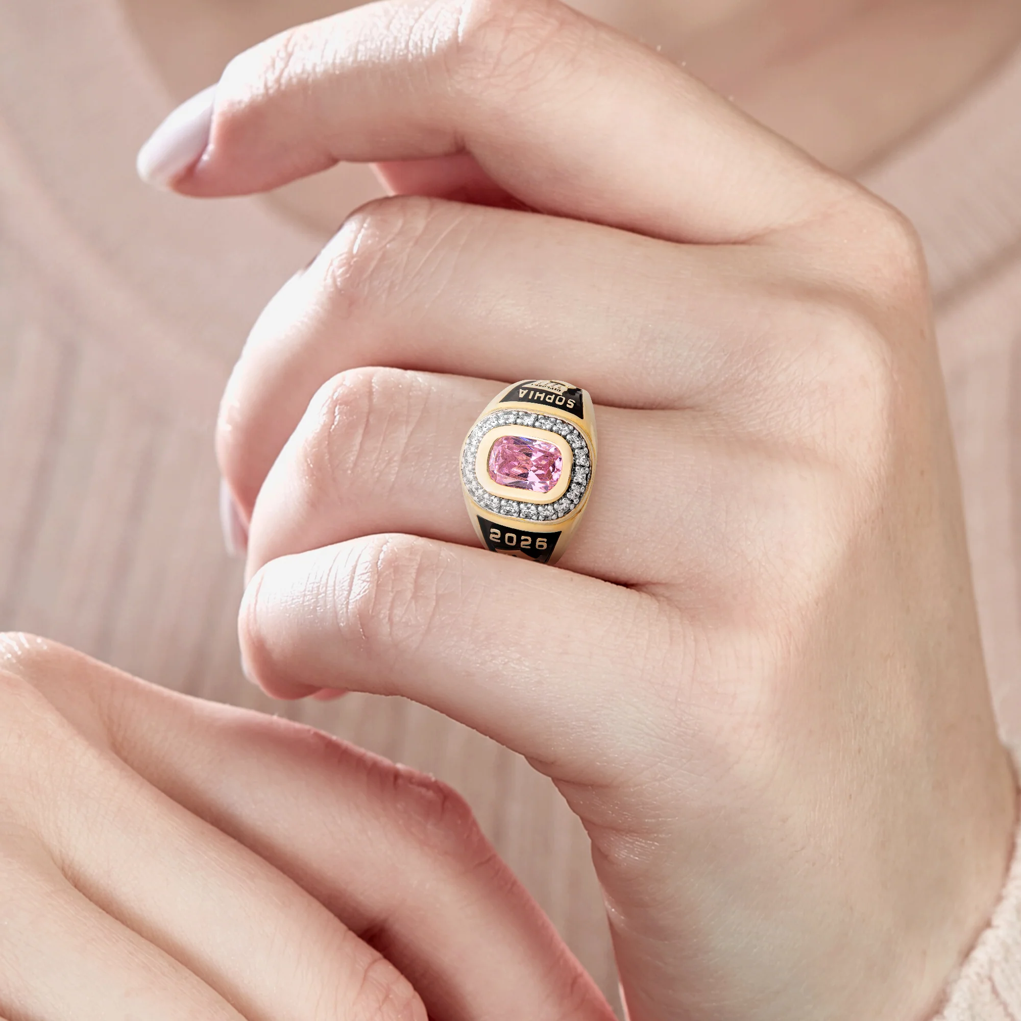 Ladies' 14K Gold Plated CZ Encrusted Traditional Personalized Class Ring - Image 5