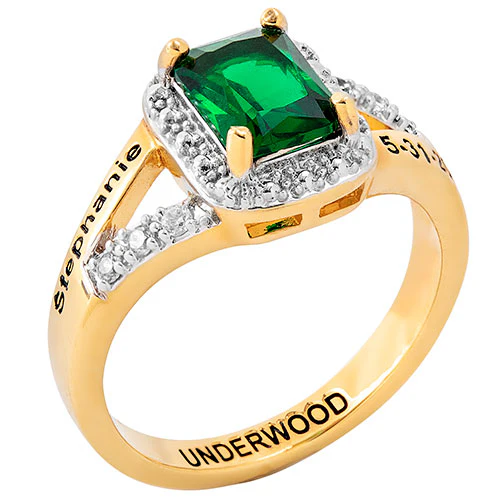 Ladies' 14K Gold Plated Emerald Cut Birthstone with CZ Freestyle Class Ring - Image 2