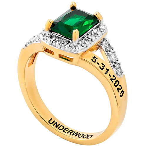 Ladies' 14K Gold Plated Emerald Cut Birthstone with CZ Freestyle Class Ring - Image 3