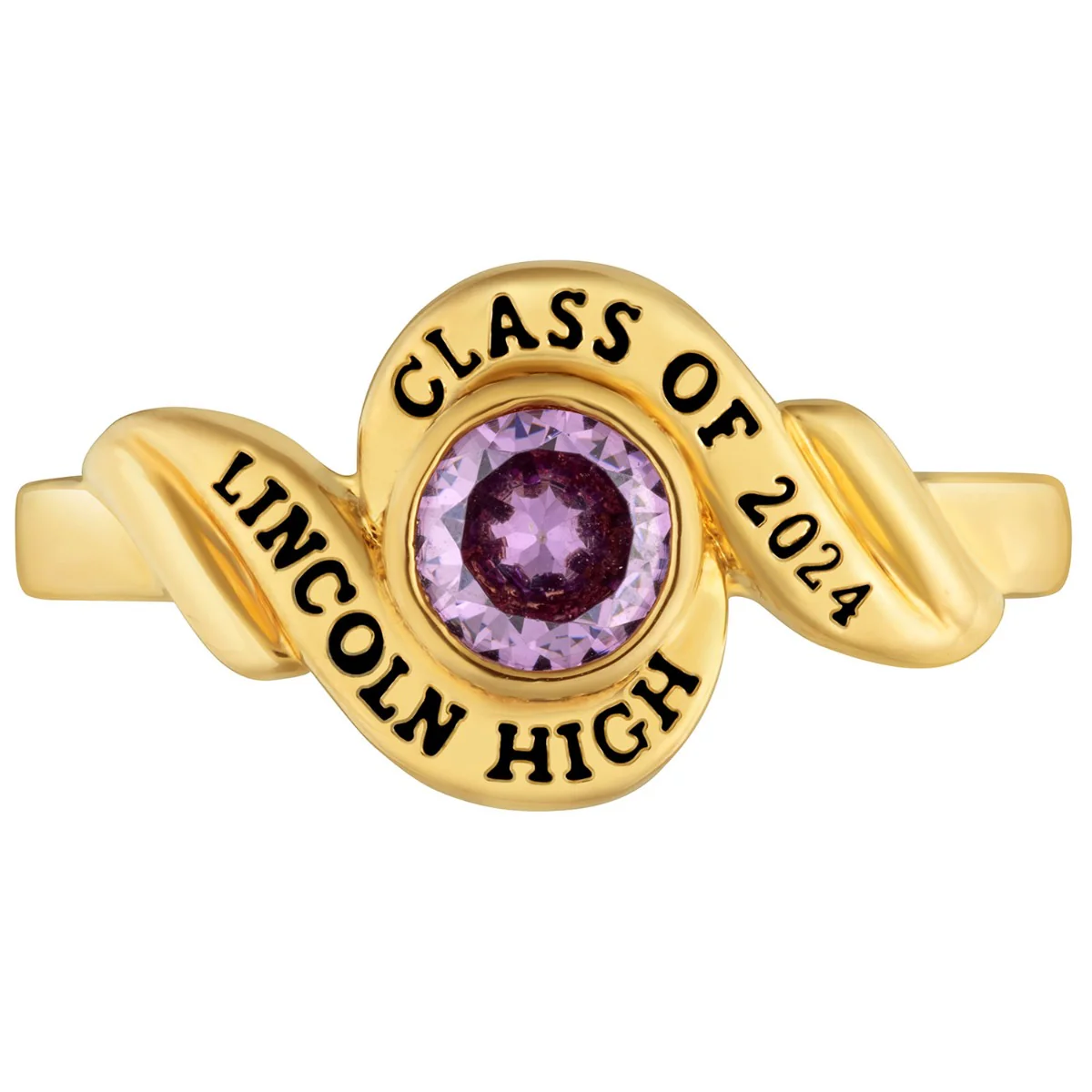 Ladies' 14k Gold Plated Swirl Bypass Round Birthstone Class Ring - Image 2