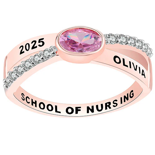 Women's 14K Rose Gold over Sterling Crossover Oval Birthstone Fashion Class Ring
