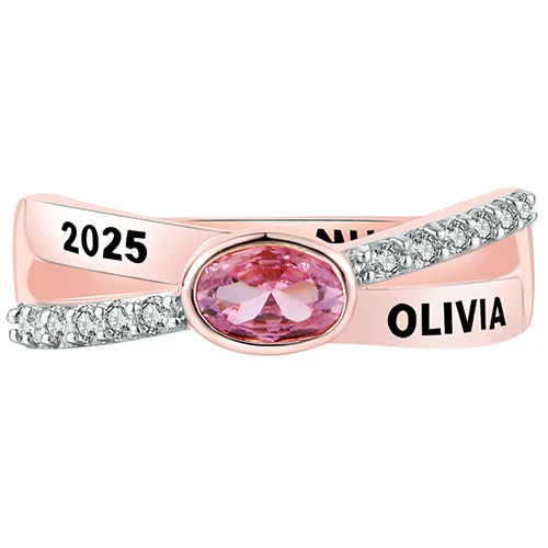 Women's 14K Rose Gold over Sterling Crossover Oval Birthstone Fashion Class Ring - Image 6