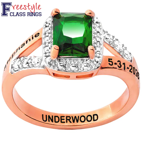 Ladies' 14K Rose Gold over Sterling Emerald Cut Birthstone with CZ Freestyle Class Ring