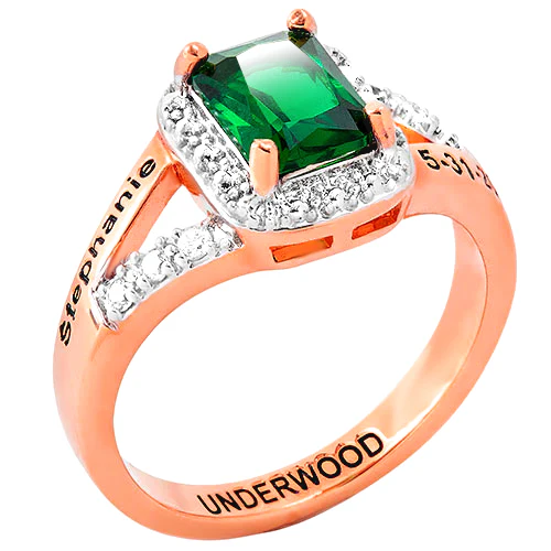 Ladies' 14K Rose Gold Plated Emerald Cut Birthstone with CZ Freestyle Class Ring - Image 2