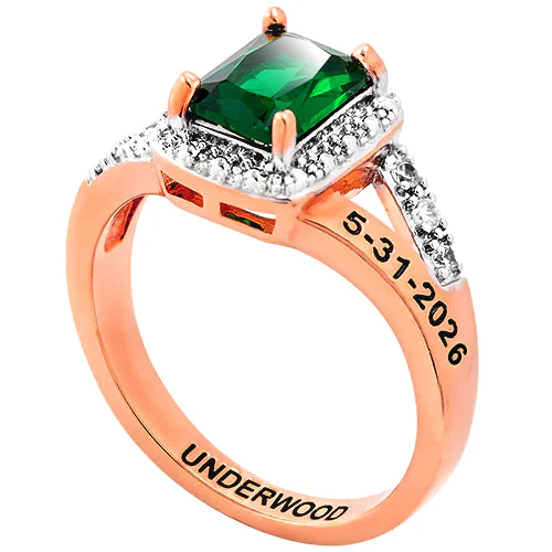 Ladies' 14K Rose Gold Plated Emerald Cut Birthstone with CZ Freestyle Class Ring - Image 3