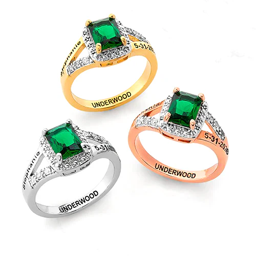 Ladies' 14K Rose Gold Plated Emerald Cut Birthstone with CZ Freestyle Class Ring - Image 5