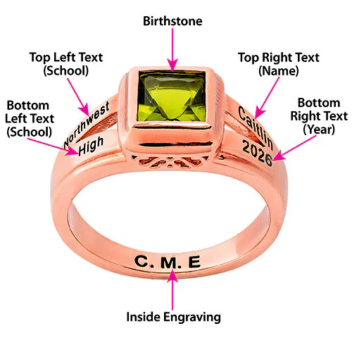 Ladies' 14K Rose Gold Plated Princess Cut Birthstone Freestyle Class Ring - Image 7