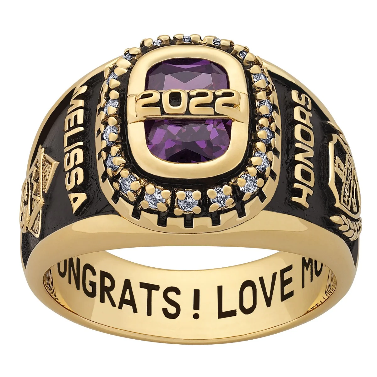 Ladies 18K Gold over Sterling CZ Encrusted Personalized Year Class Ring - Image 3
