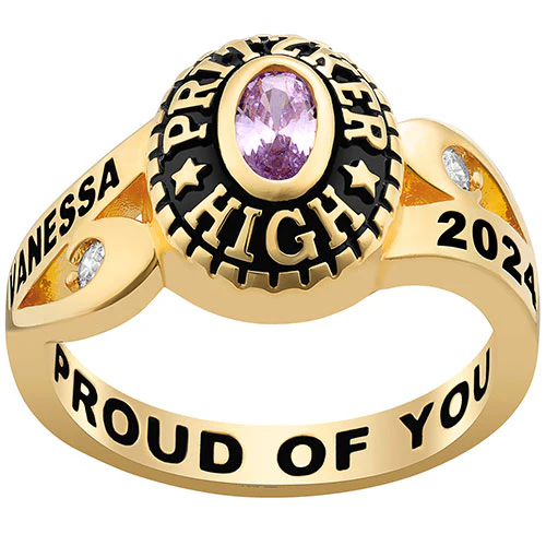 Ladies' 14K Gold Plated Celebrium CZ Scroll Bypass Birthstone Class Ring - Image 2