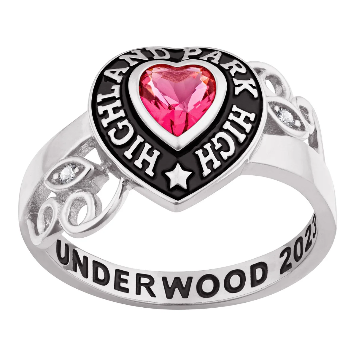 Ladies' Platinum Celebrium? Heart Stone and CZ Swirl Class Ring