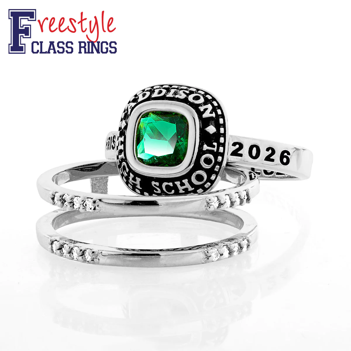 Ladies' Platinum Plated Freestyle Class Ring with Jacket and CZ Accents