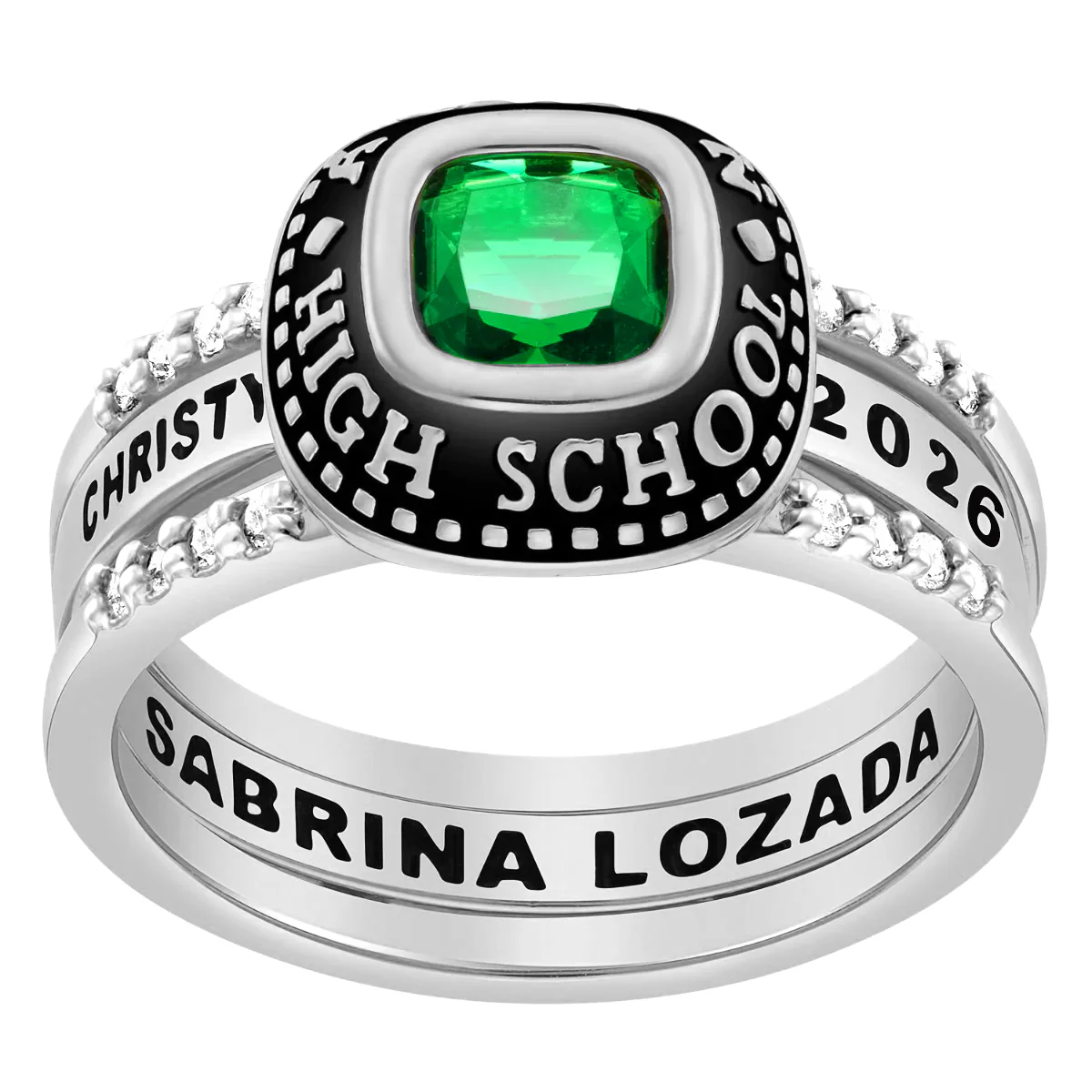 Ladies' Platinum Plated Freestyle Class Ring with Jacket and CZ Accents - Image 2