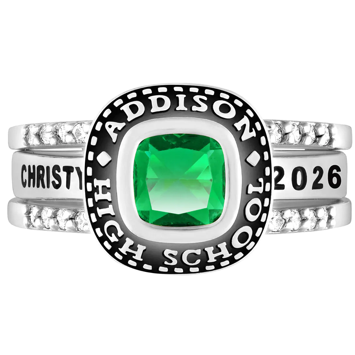 Ladies' Platinum Plated Freestyle Class Ring with Jacket and CZ Accents - Image 3