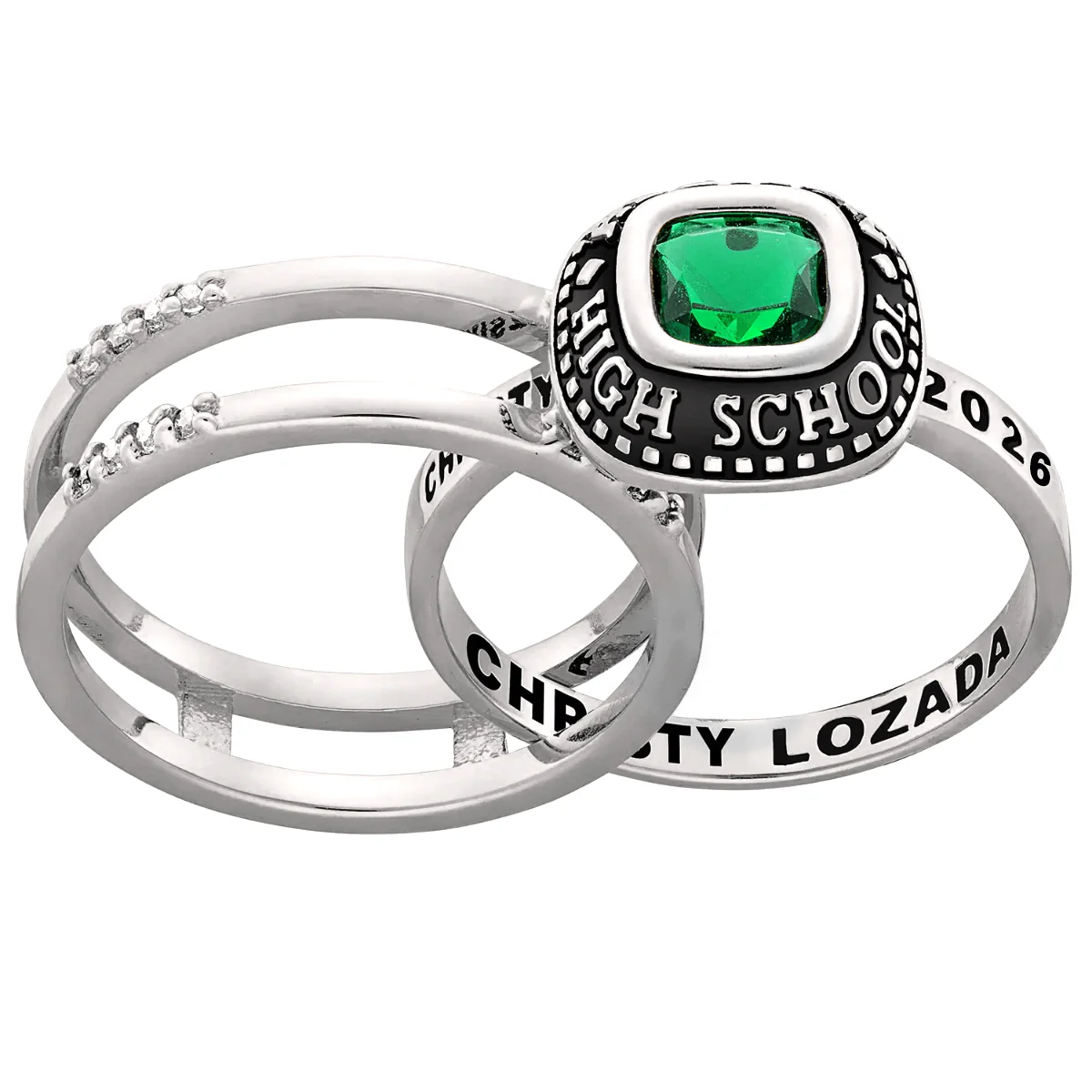 Ladies' Platinum Plated Freestyle Class Ring with Jacket and CZ Accents - Image 4