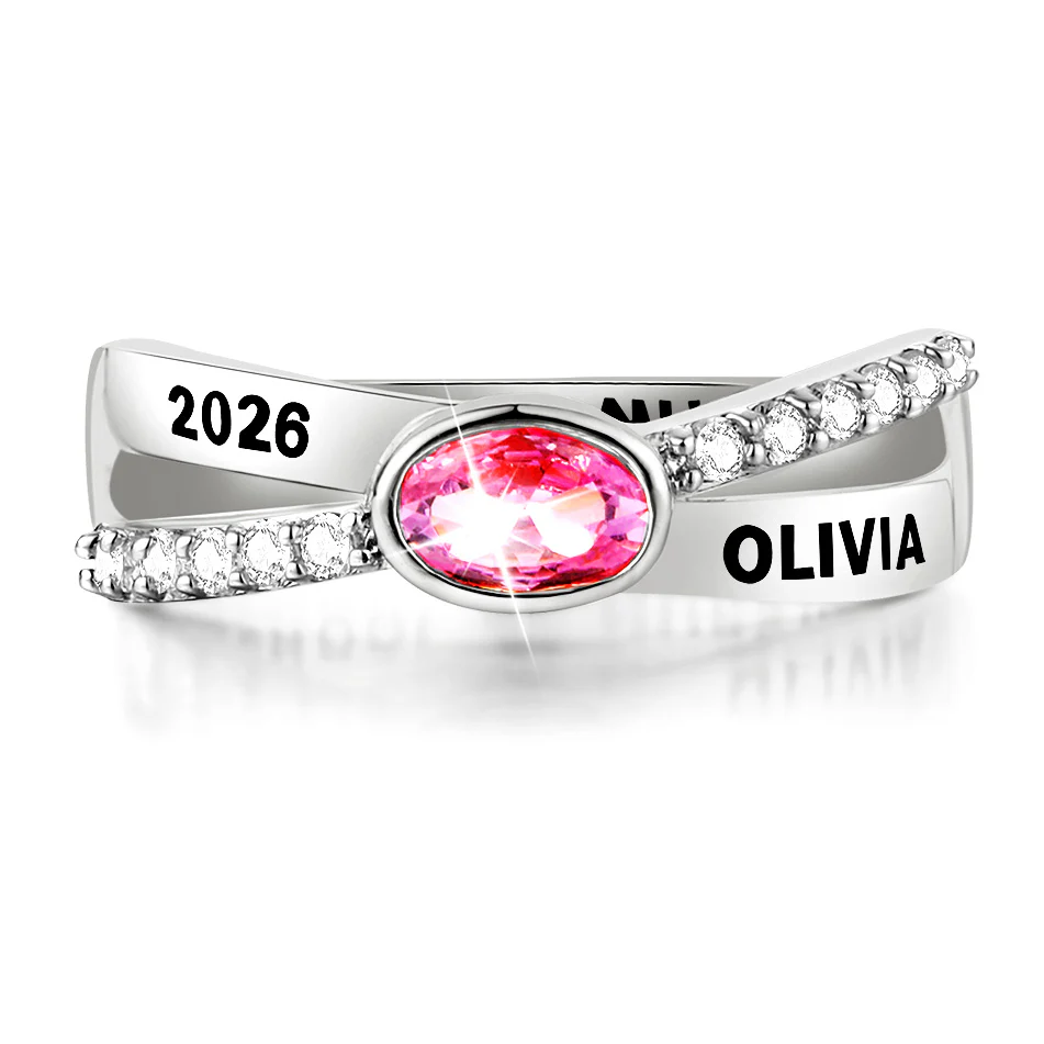 Ladies Platinum Plated Crossover Oval Birthstone Fashion Freestyle Class Ring - Image 2