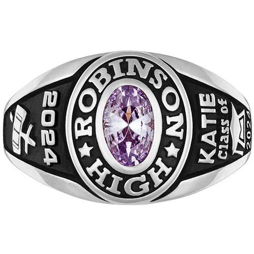 Ladies Platinum Plated Traditional Petite Oval Birthstone Class Ring - Image 3
