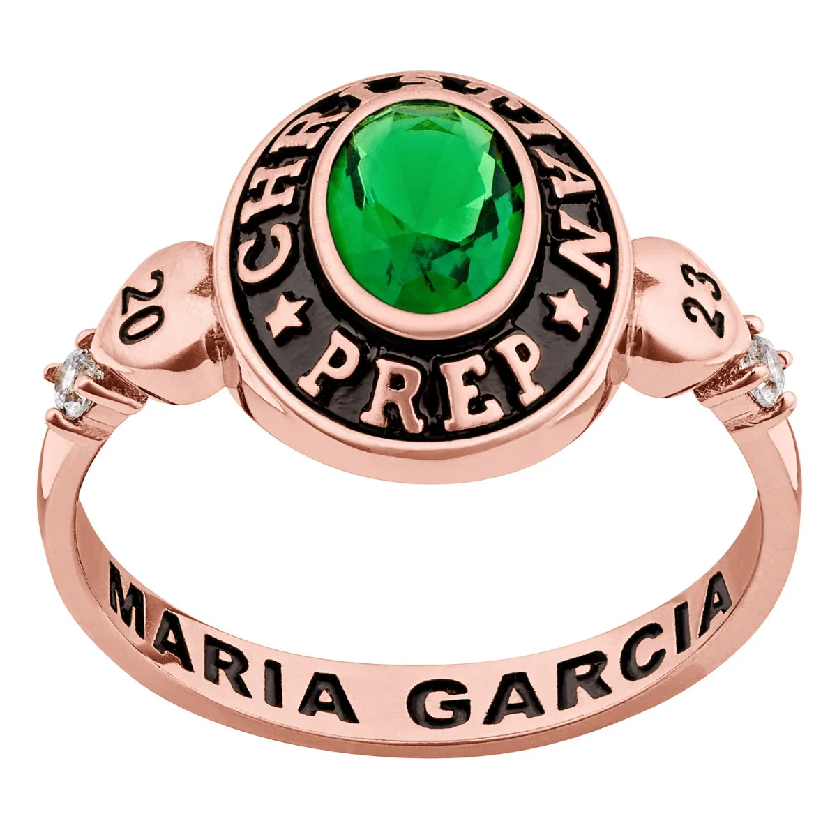 Ladies' Rose Gold Celebrium Oval Birthstone with CZ and Hearts Class Ring