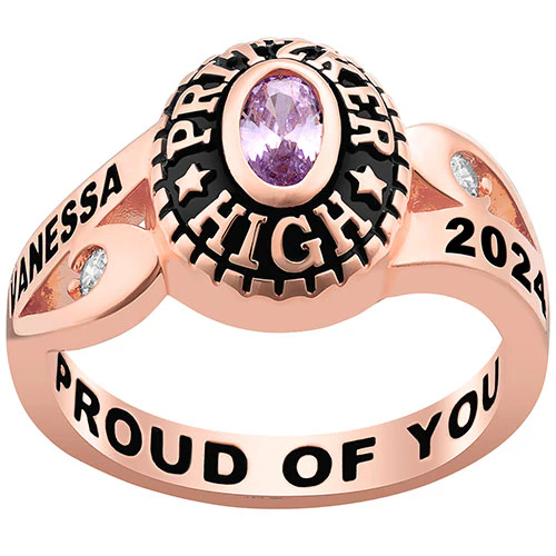 Ladies' Rose Gold Over Celebrium CZ Scroll Bypass Birthstone Class Ring - Image 2