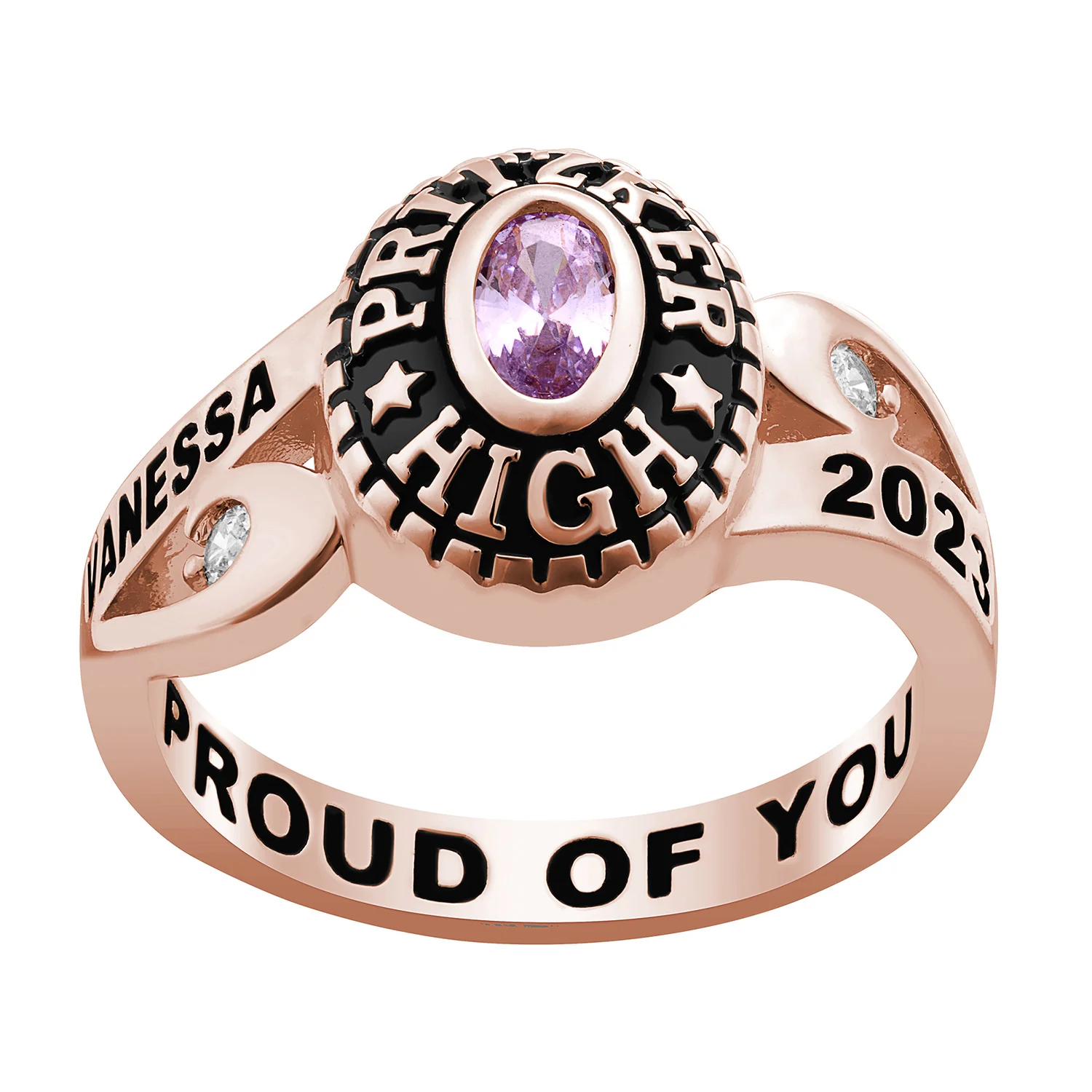 Ladies' 14K Rose Gold over Sterling CZ Scroll Bypass Birthstone Class Ring