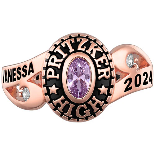 Ladies' 14K Rose Gold over Sterling CZ Scroll Bypass Birthstone Class Ring - Image 3