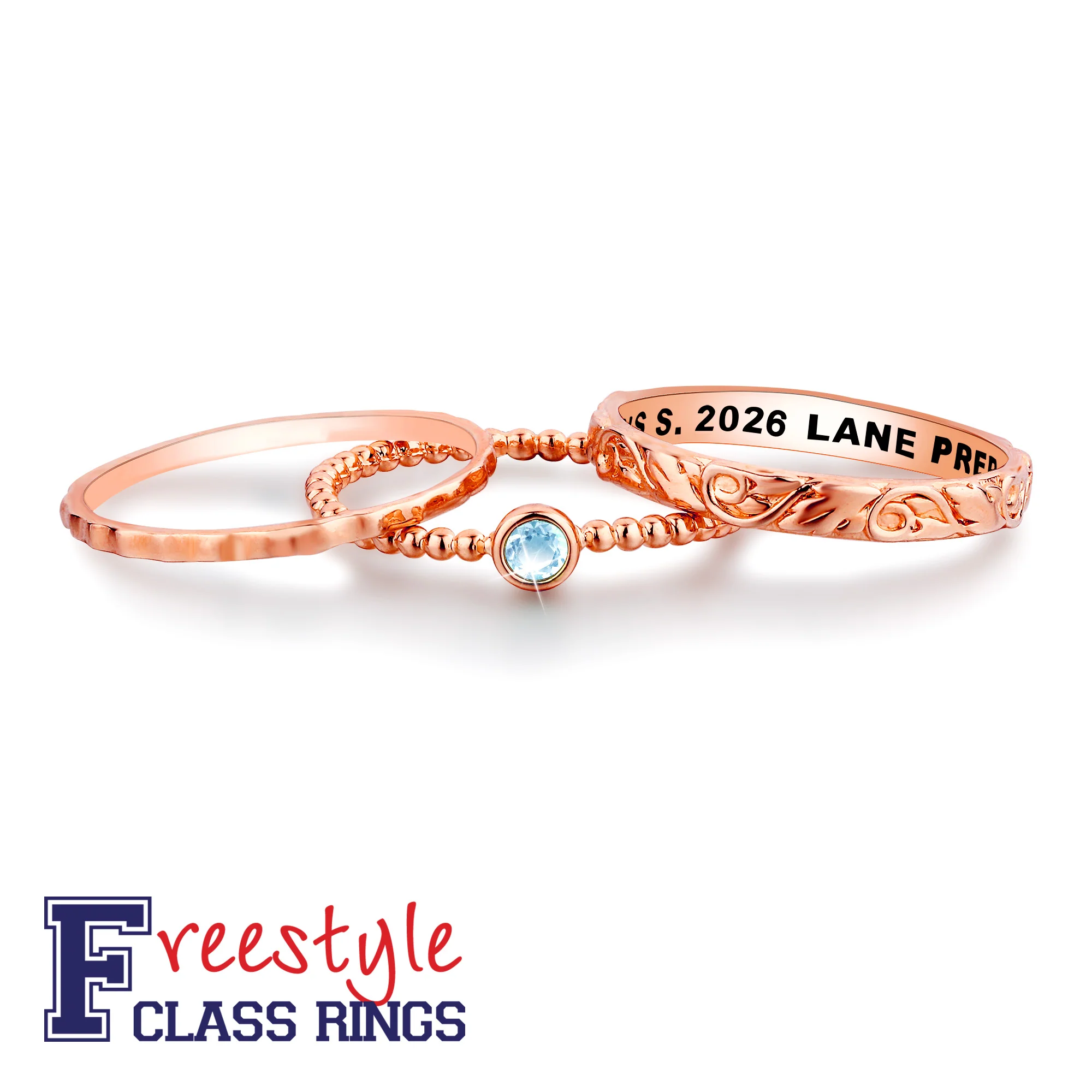 Women's Rose Gold over Sterling Round Birthstone Stackable Freestyle Class Ring