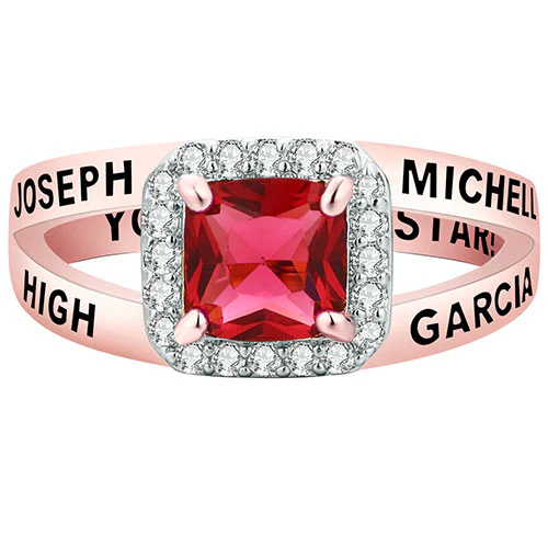 Women's Rose Gold Over Sterling Split Band Square CZ Halo Birthstone Class Ring - Image 2